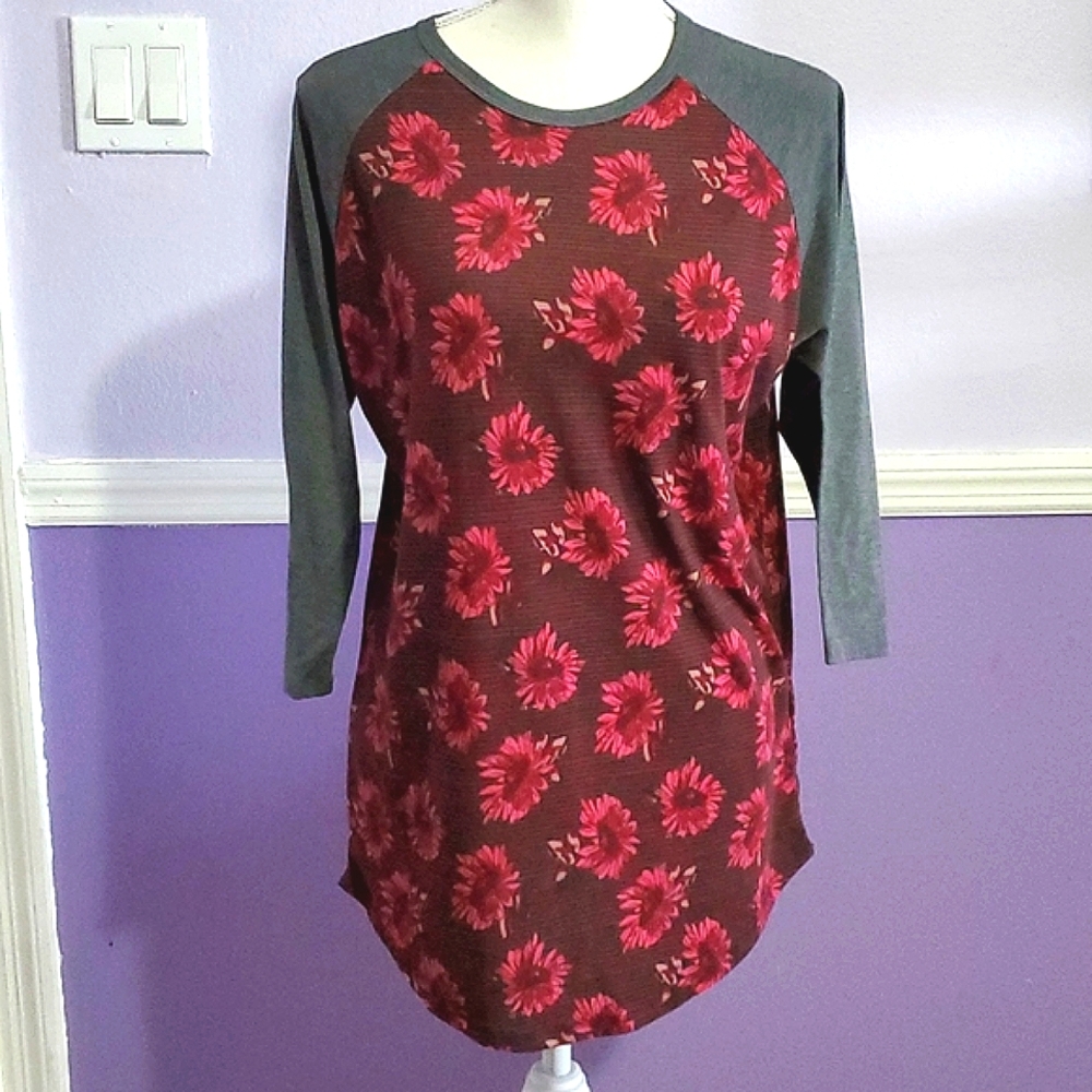 Y2K Boho Burgundy Daisy Floral & Gray Raglan 3/4 Sleeve Stretchy Tunic Top M